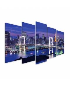 HXA DECO - Impression sur Toile, Decoration Murale Tableau Contemporain, Tableau 5 parties Photo Baie de Tokyo et Pont de l'Arc en