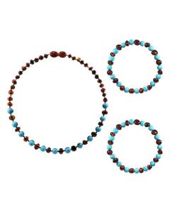 Box collier bébé et 2 bracelets Adulte - Ambre et pierres naturelles -  Ambre Cognac / Turquoise bleue Marron Et Bleu