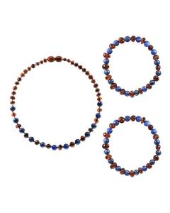 Box collier bébé et 2 bracelets Adulte - Ambre et pierres naturelles -  Ambre Cognac / Lapis Lazuli Marron Et Bleu